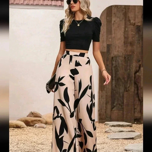 Women Summer Black Knitted Top And Floral Wide Leg Pants 2pcs Set - Picture 6 of 6